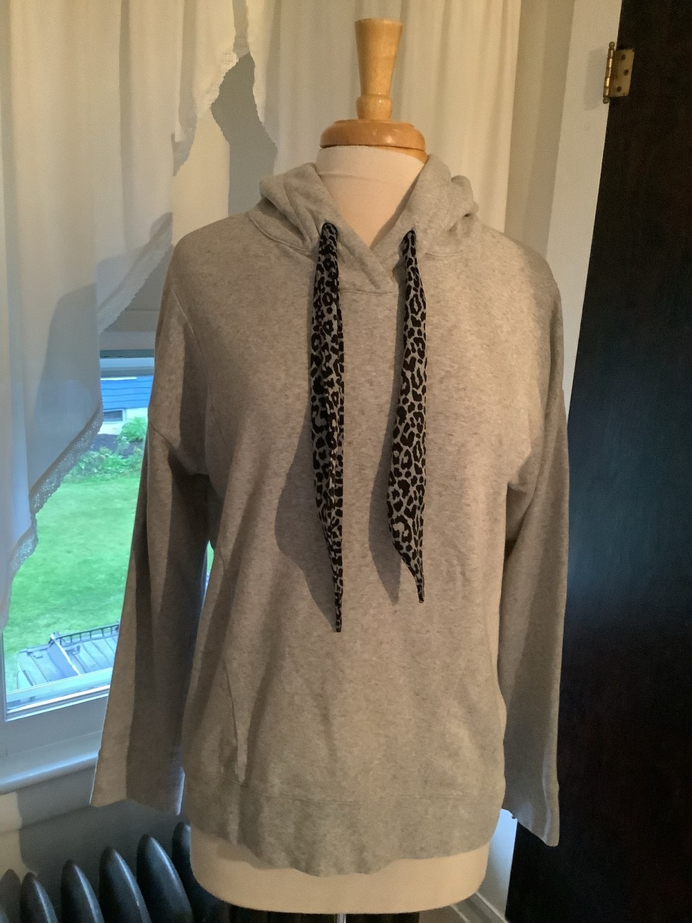 Talbots Light Gray Hoodie with Leopard Print Drawstrings